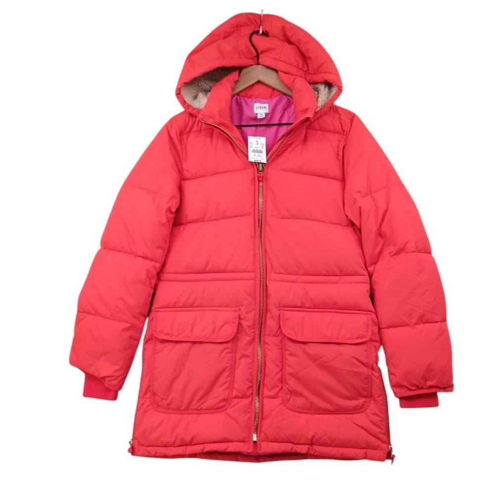 J.Crew Hooded Puffer Jacket Women's Size XS Pink Full Zip Quilted Coat NEW